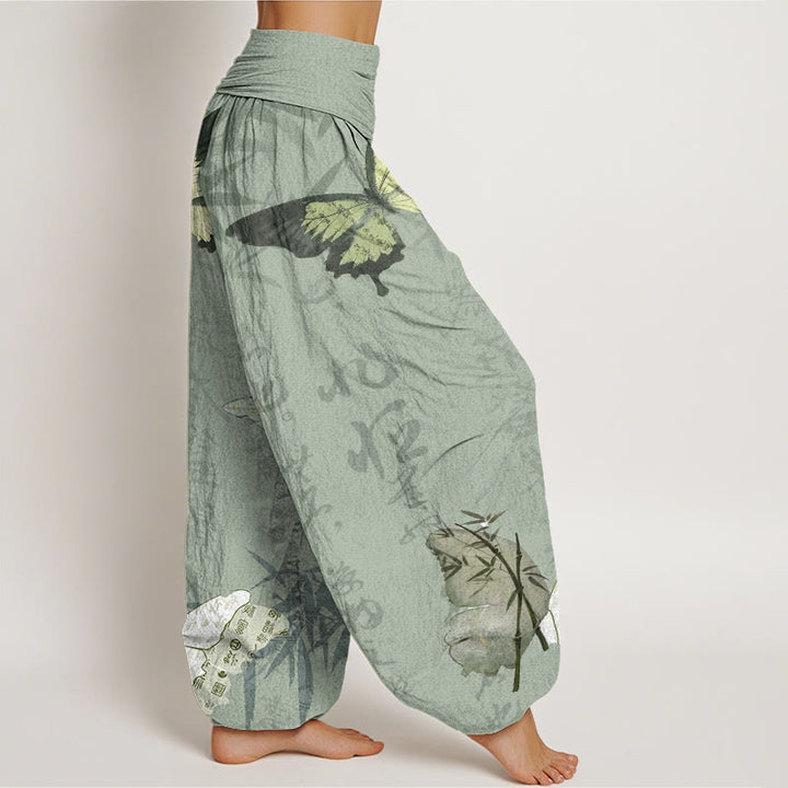 Buddha Stones Butterfly Bamboo Leaves Chinese Characters Pattern Women's Elastic Waist Harem Pants
