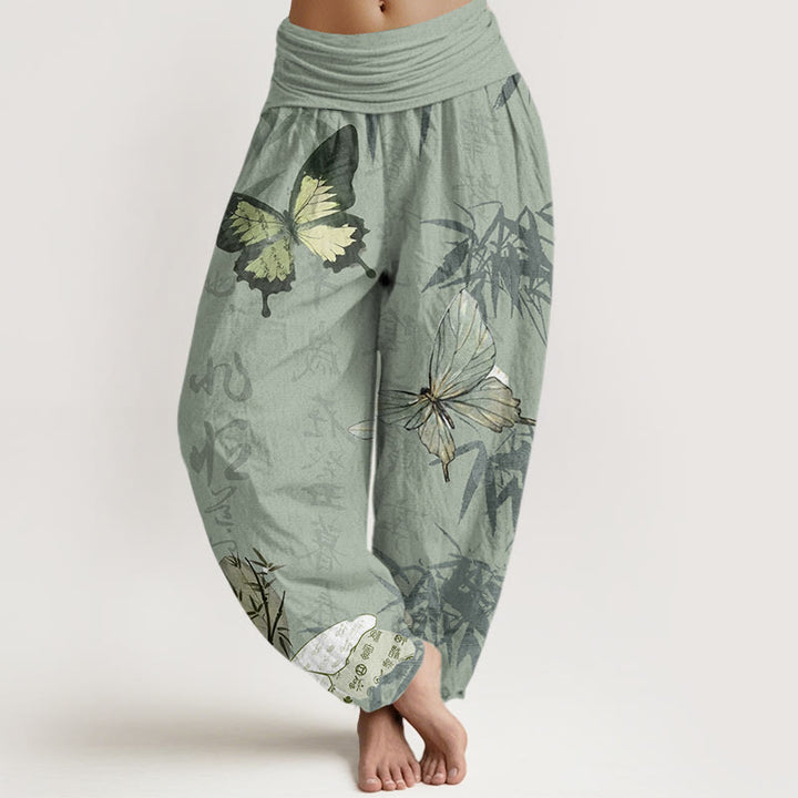 Buddha Stones Butterfly Bamboo Leaves Chinese Characters Pattern Women's Elastic Waist Harem Pants