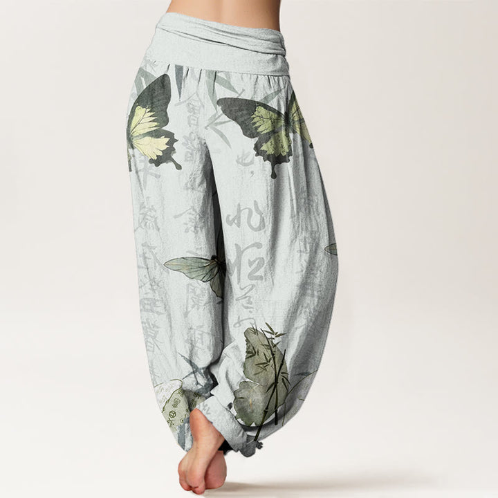 Buddha Stones Butterfly Bamboo Leaves Chinese Characters Pattern Women's Elastic Waist Harem Pants