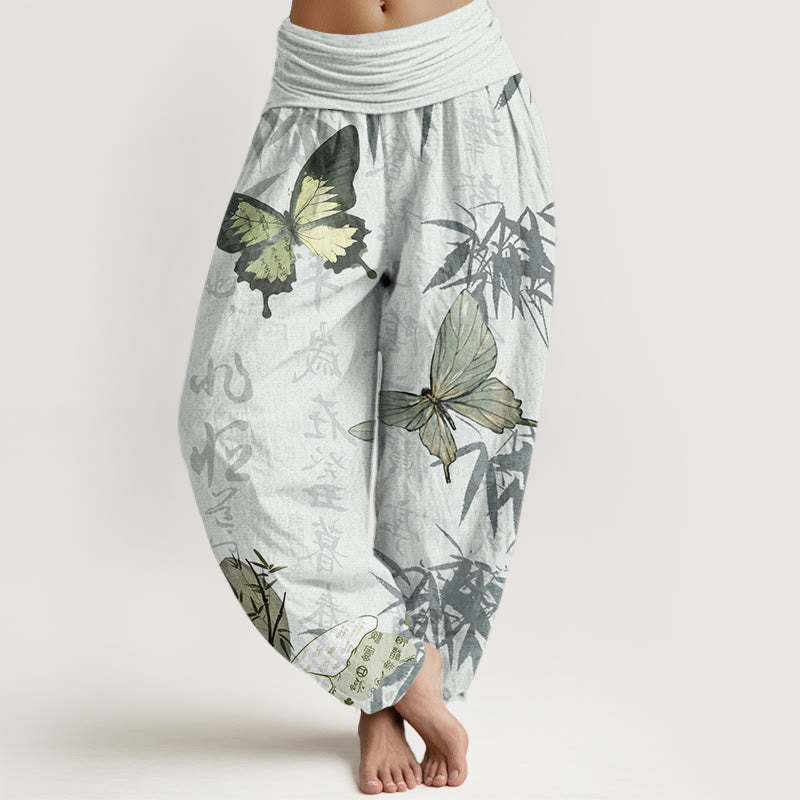 Buddha Stones Butterfly Bamboo Leaves Chinese Characters Pattern Women's Elastic Waist Harem Pants
