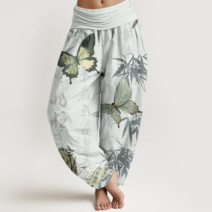 Buddha Stones Butterfly Bamboo Leaves Chinese Characters Pattern Women's Elastic Waist Harem Pants
