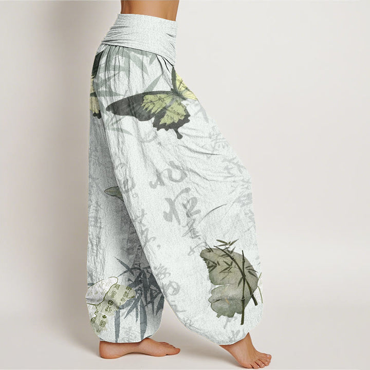 Buddha Stones Butterfly Bamboo Leaves Chinese Characters Pattern Women's Elastic Waist Harem Pants