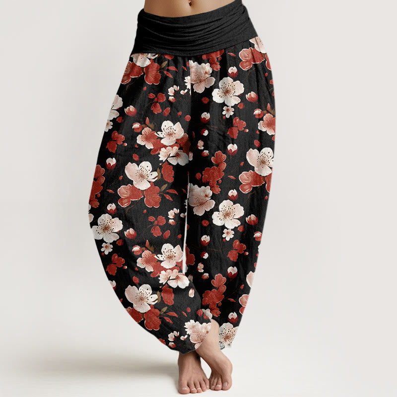 Buddha Stones Pink Red Peach Blossoms Design Women's Elastic Waist Harem Pants - Black - US22，UK/AU26，EU54 (6XL) - image 0