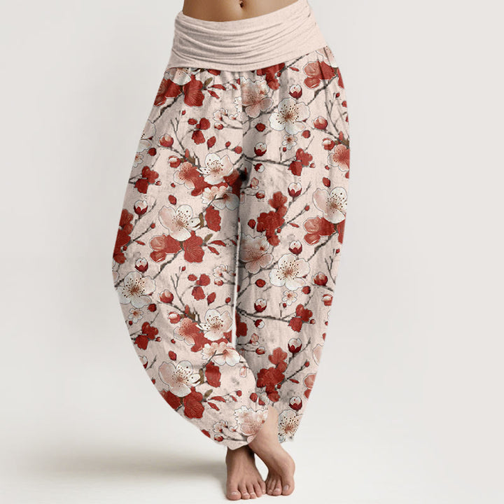 Buddha Stones Pink Red Peach Blossoms Design Women's Elastic Waist Harem Pants