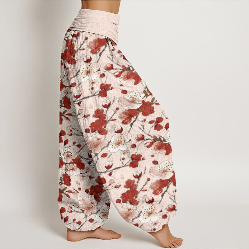 Buddha Stones Pink Red Peach Blossoms Design Women's Elastic Waist Harem Pants