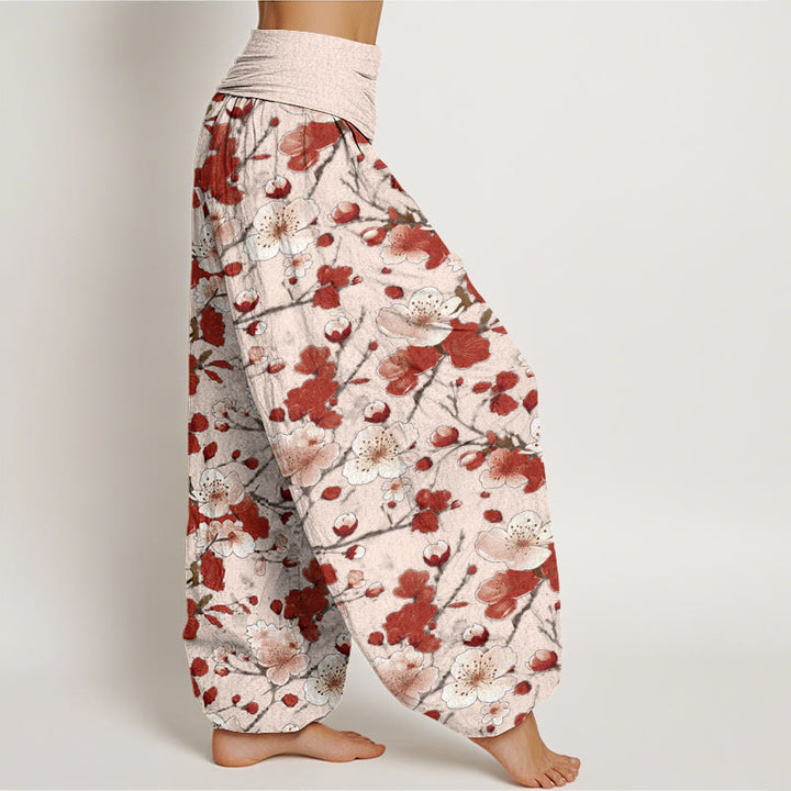 Buddha Stones Pink Red Peach Blossoms Design Women's Elastic Waist Harem Pants