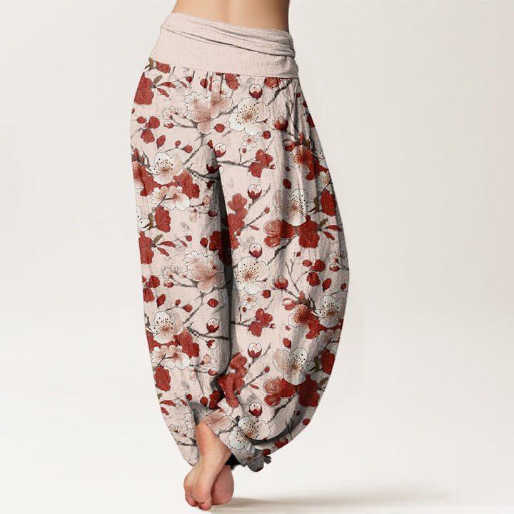 Buddha Stones Pink Red Peach Blossoms Design Women's Elastic Waist Harem Pants