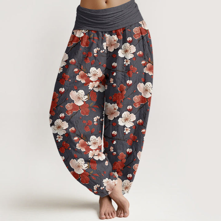 Buddha Stones Pink Red Peach Blossoms Design Women's Elastic Waist Harem Pants