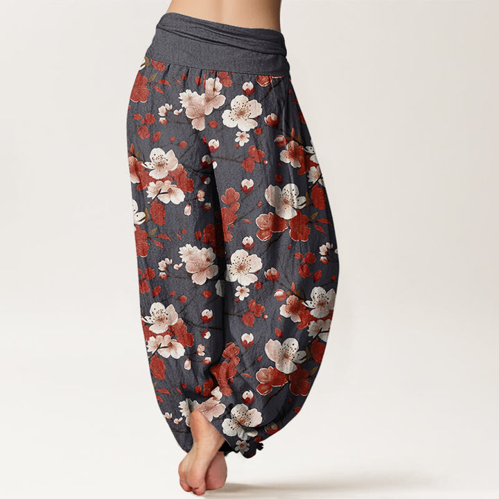 Buddha Stones Pink Red Peach Blossoms Design Women's Elastic Waist Harem Pants