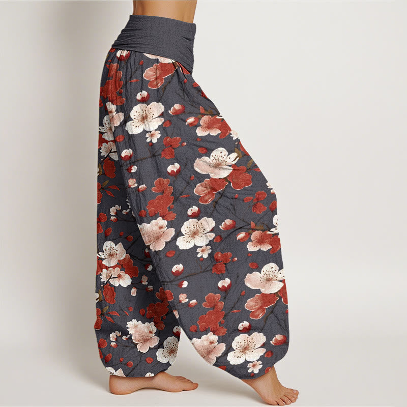 Buddha Stones Pink Red Peach Blossoms Design Women's Elastic Waist Harem Pants