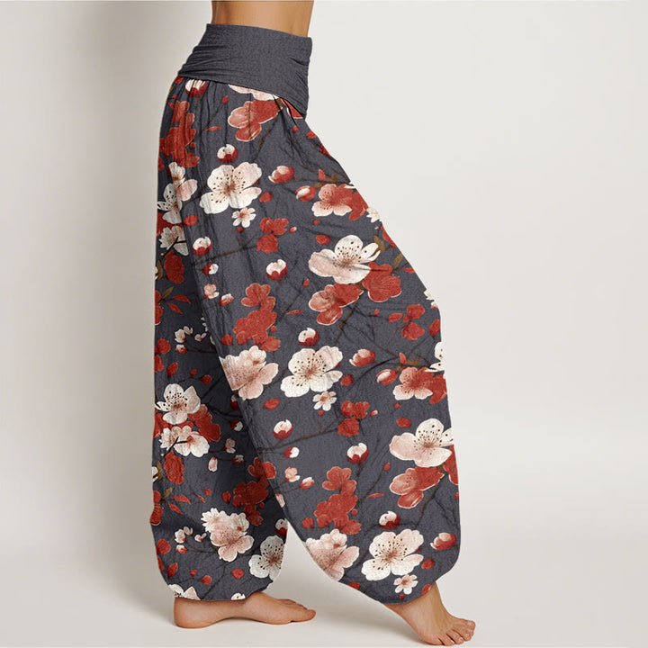 Buddha Stones Pink Red Peach Blossoms Design Women's Elastic Waist Harem Pants
