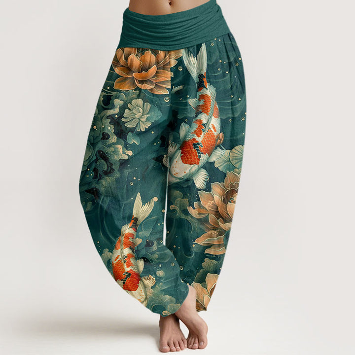 Buddha Stones Colorful Koi Fish Lotus Flowers Design Women's Elastic Waist Harem Pants