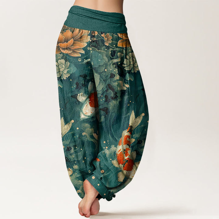 Buddha Stones Colorful Koi Fish Lotus Flowers Design Women's Elastic Waist Harem Pants