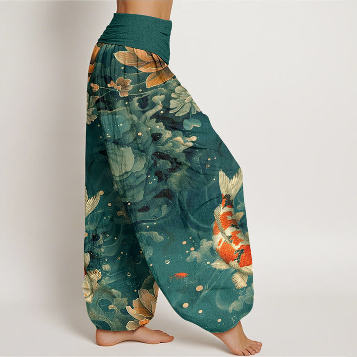 Buddha Stones Colorful Koi Fish Lotus Flowers Design Women's Elastic Waist Harem Pants