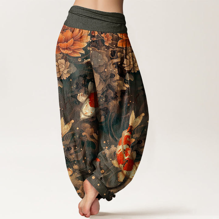 Buddha Stones Colorful Koi Fish Lotus Flowers Design Women's Elastic Waist Harem Pants