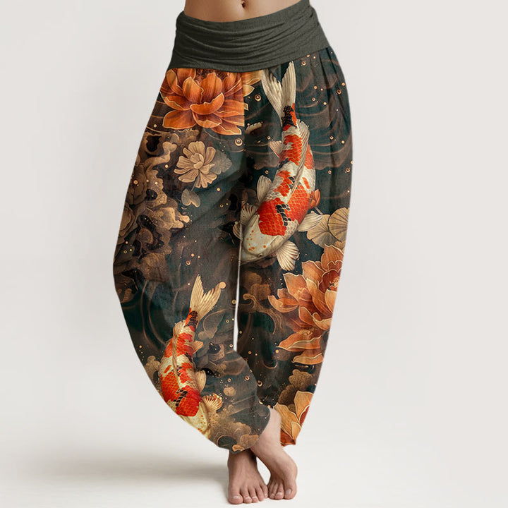 Buddha Stones Colorful Koi Fish Lotus Flowers Design Women's Elastic Waist Harem Pants