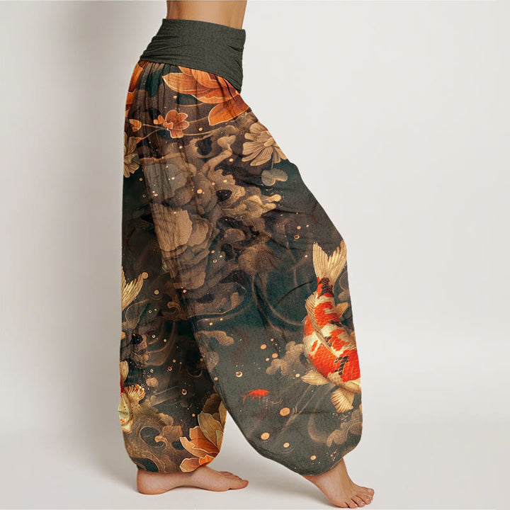 Buddha Stones Colorful Koi Fish Lotus Flowers Design Women's Elastic Waist Harem Pants