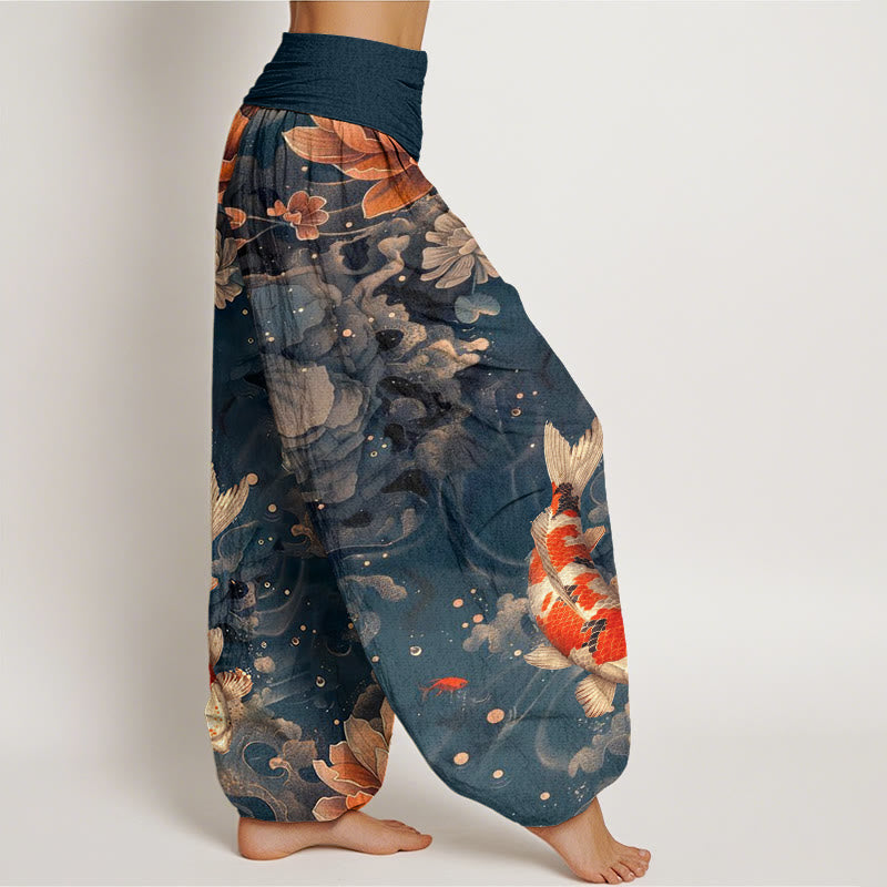 Buddha Stones Colorful Koi Fish Lotus Flowers Design Women's Elastic Waist Harem Pants