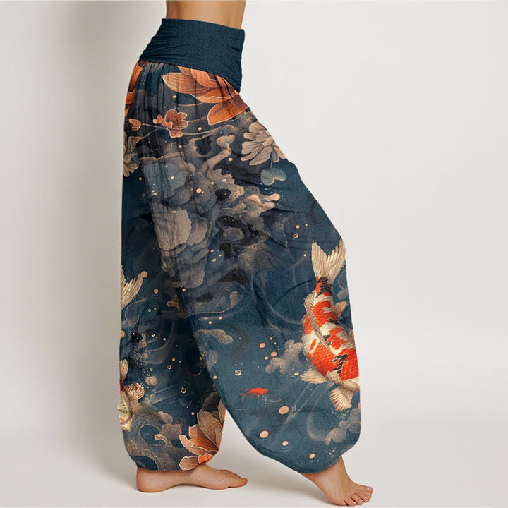 Buddha Stones Colorful Koi Fish Lotus Flowers Design Women's Elastic Waist Harem Pants