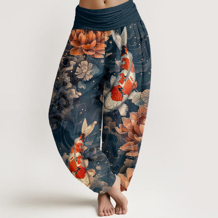 Buddha Stones Colorful Koi Fish Lotus Flowers Design Women's Elastic Waist Harem Pants