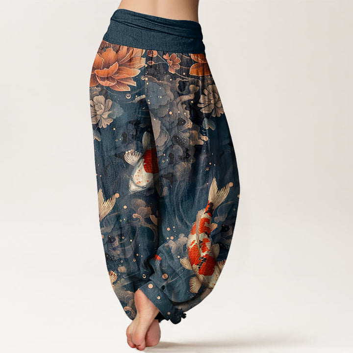 Buddha Stones Colorful Koi Fish Lotus Flowers Design Women's Elastic Waist Harem Pants