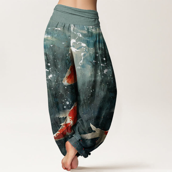 Buddha Stones Colorful Koi Fish Ocean Design Women's Elastic Waist Harem Pants