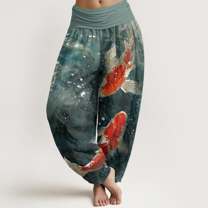 Buddha Stones Colorful Koi Fish Ocean Design Women's Elastic Waist Harem Pants