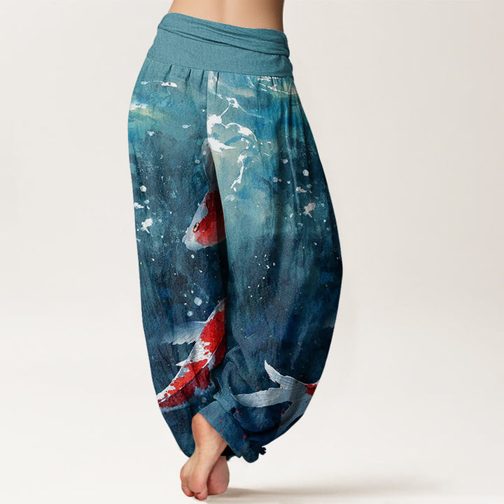 Buddha Stones Colorful Koi Fish Ocean Design Women's Elastic Waist Harem Pants