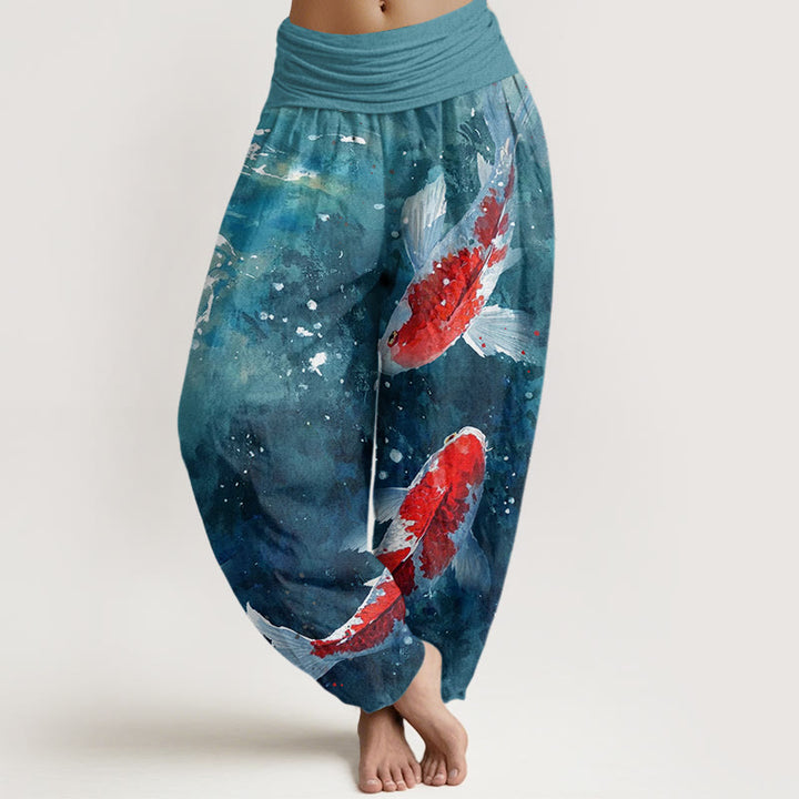 Buddha Stones Colorful Koi Fish Ocean Design Women's Elastic Waist Harem Pants