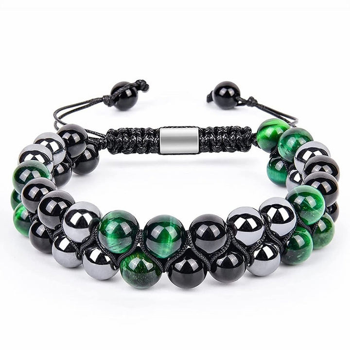 Buddha Stones Natural Green Tiger Eye Black Magnetite Black Obsidian Double Row Beads Positive Bracelet