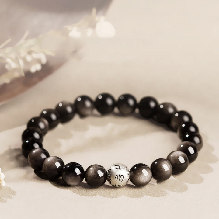 Buddha Stones Natural Silver Sheen Obsidian Om Mani Padme Hum Protection Bracelet