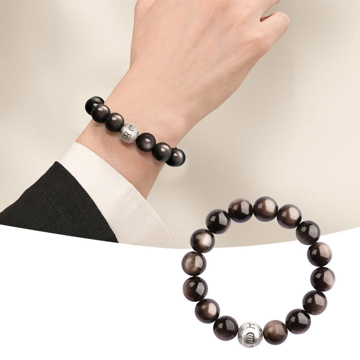 Buddha Stones Natural Silver Sheen Obsidian Om Mani Padme Hum Protection Bracelet