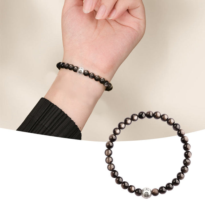 Buddha Stones Natural Silver Sheen Obsidian Om Mani Padme Hum Protection Bracelet