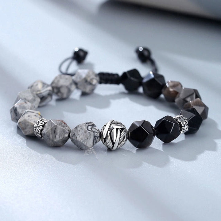 Buddha Stones Natural Irregular Cut Obsidian Grey Jasper 925 Sterling Silver Rolled Leaf Bead Protection Bracelet