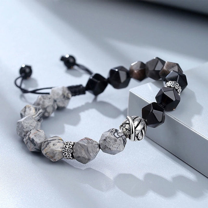 Buddha Stones Natural Irregular Cut Obsidian Grey Jasper 925 Sterling Silver Rolled Leaf Bead Protection Bracelet