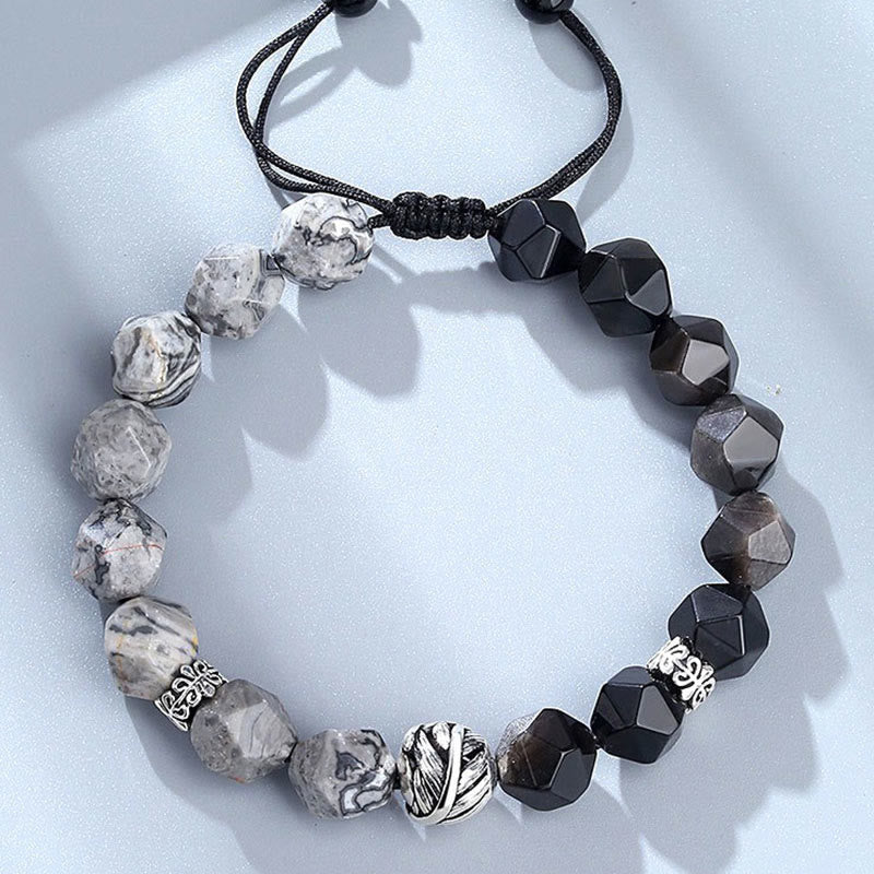 Buddha Stones Natural Irregular Cut Obsidian Grey Jasper 925 Sterling Silver Rolled Leaf Bead Protection Bracelet