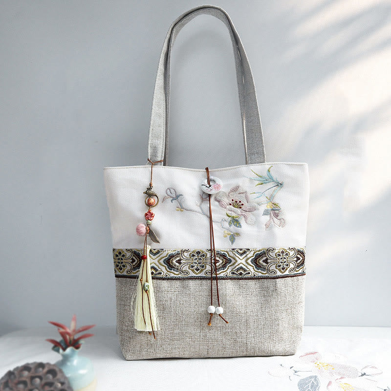 Buddha Stones Magnolia Embroidery Canvas Polyester Shoulder Bag