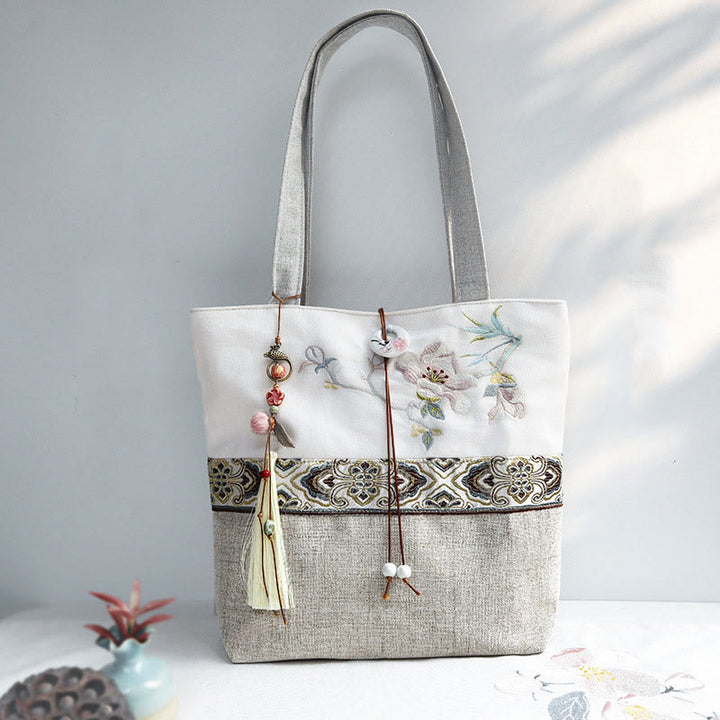 Buddha Stones Magnolia Embroidery Canvas Polyester Shoulder Bag