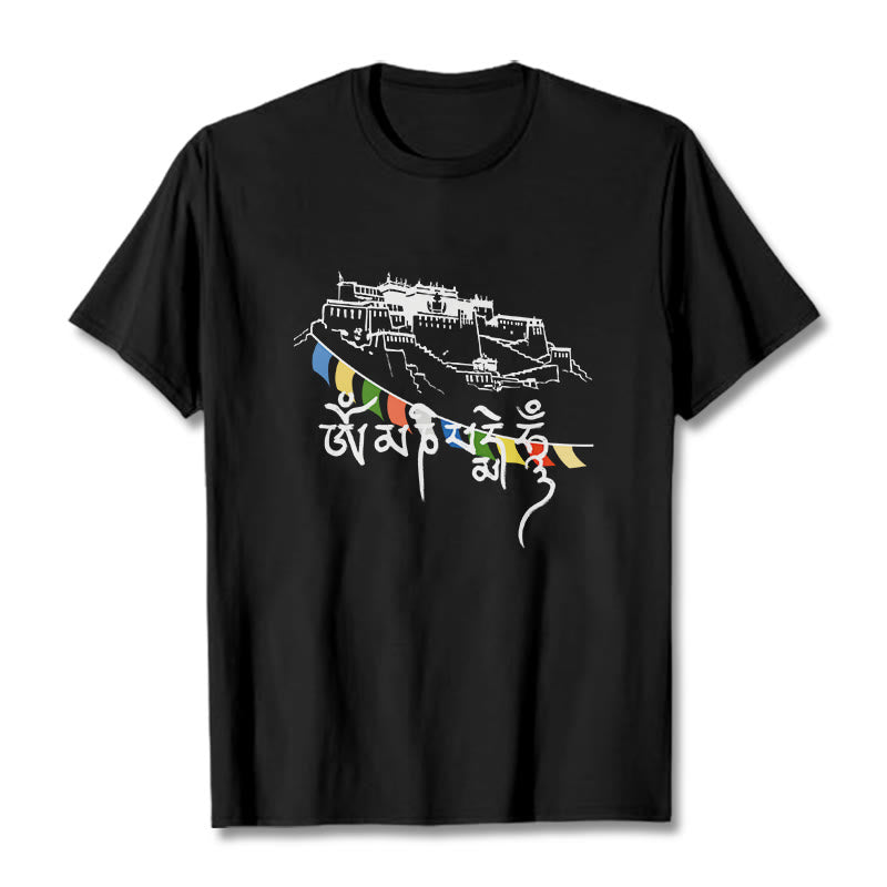 Buddha Stones Potala Palace Om Mani Padme Hum Prayer Flags Cotton Tee T-shirt