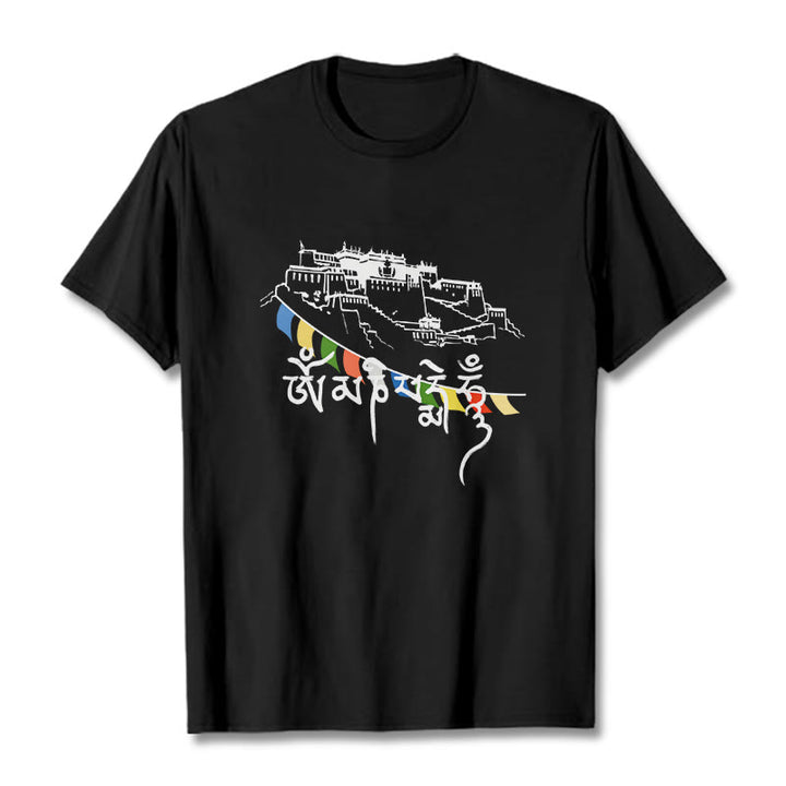 Buddha Stones Potala Palace Om Mani Padme Hum Prayer Flags Cotton Tee T-shirt