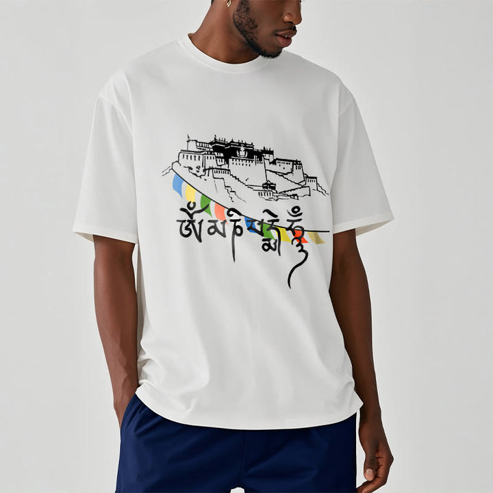 Buddha Stones Potala Palace Om Mani Padme Hum Prayer Flags Cotton Tee T-shirt