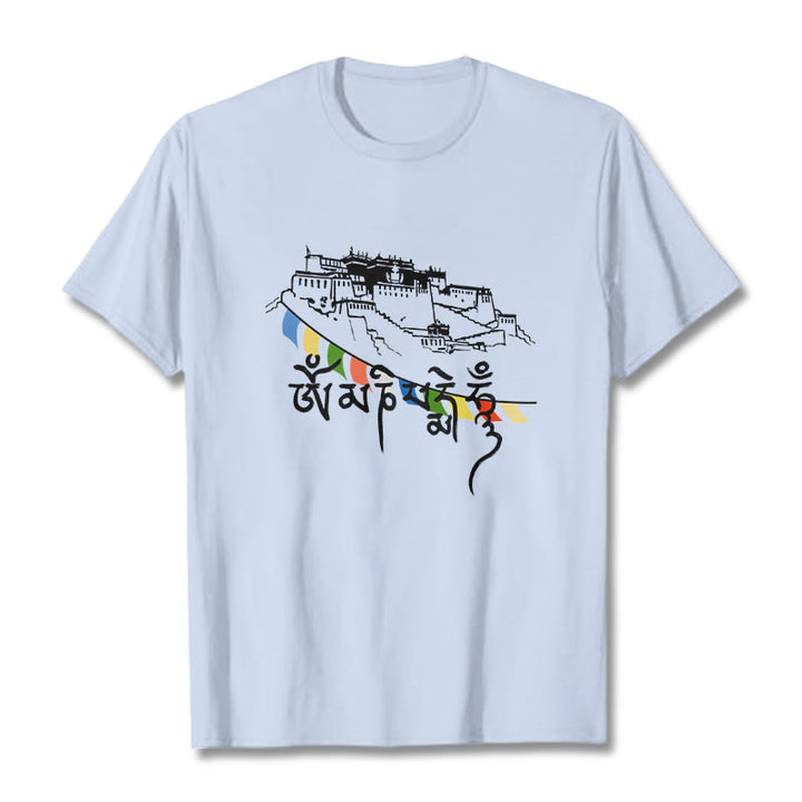 Buddha Stones Potala Palace Om Mani Padme Hum Prayer Flags Cotton Tee T-shirt