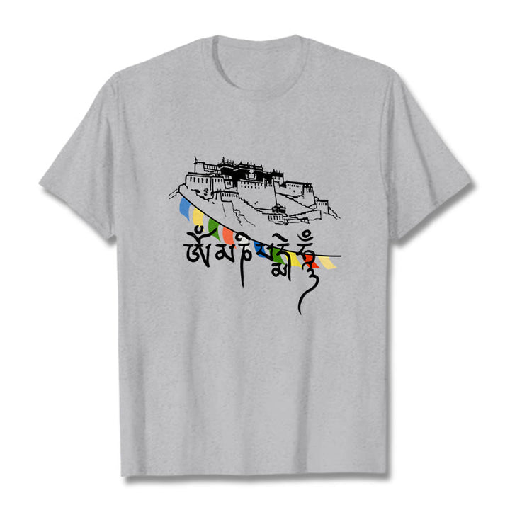 Buddha Stones Potala Palace Om Mani Padme Hum Prayer Flags Cotton Tee T-shirt