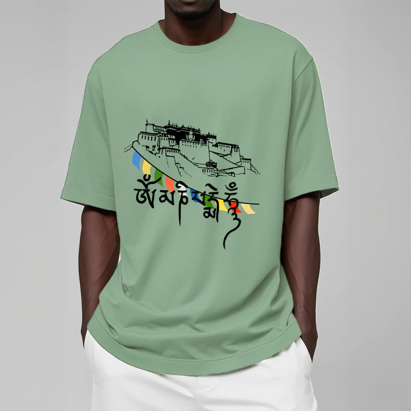 Buddha Stones Potala Palace Om Mani Padme Hum Prayer Flags Cotton Tee T-shirt