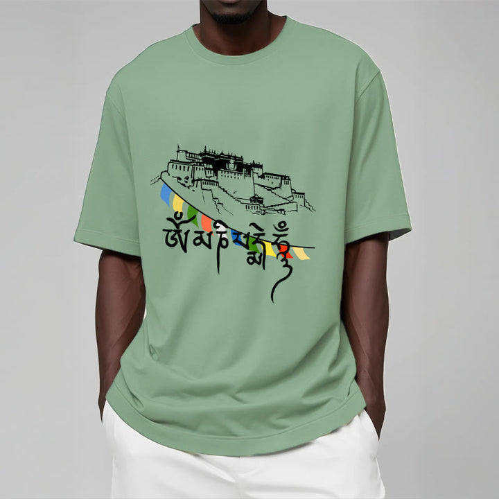 Buddha Stones Potala Palace Om Mani Padme Hum Prayer Flags Cotton Tee T-shirt