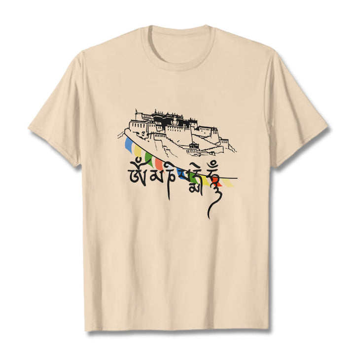 Buddha Stones Potala Palace Om Mani Padme Hum Prayer Flags Cotton Tee T-shirt