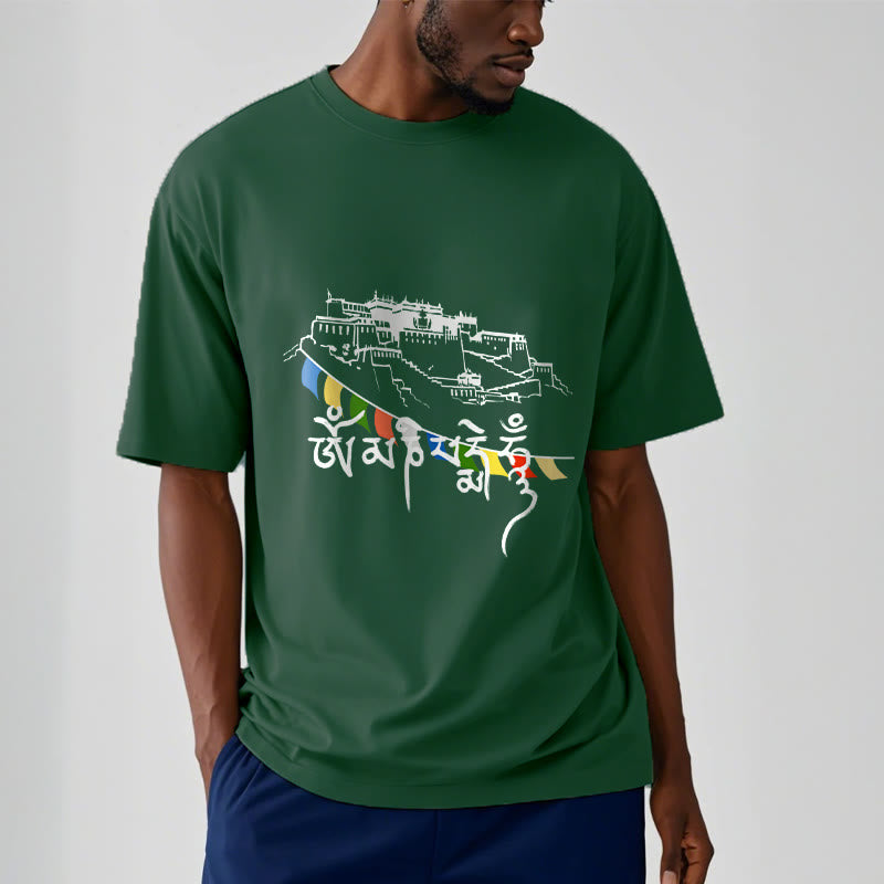 Buddha Stones Potala Palace Om Mani Padme Hum Prayer Flags Cotton Tee T-shirt