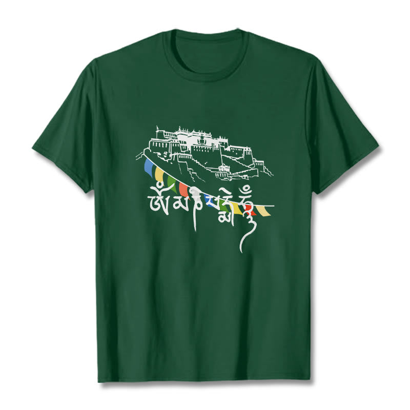 Buddha Stones Potala Palace Om Mani Padme Hum Prayer Flags Cotton Tee T-shirt