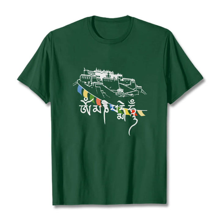 Buddha Stones Potala Palace Om Mani Padme Hum Prayer Flags Cotton Tee T-shirt
