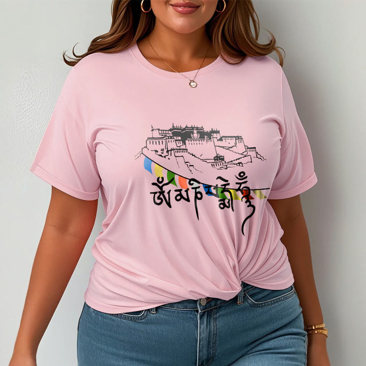 Buddha Stones Potala Palace Om Mani Padme Hum Prayer Flags Cotton Tee T-shirt